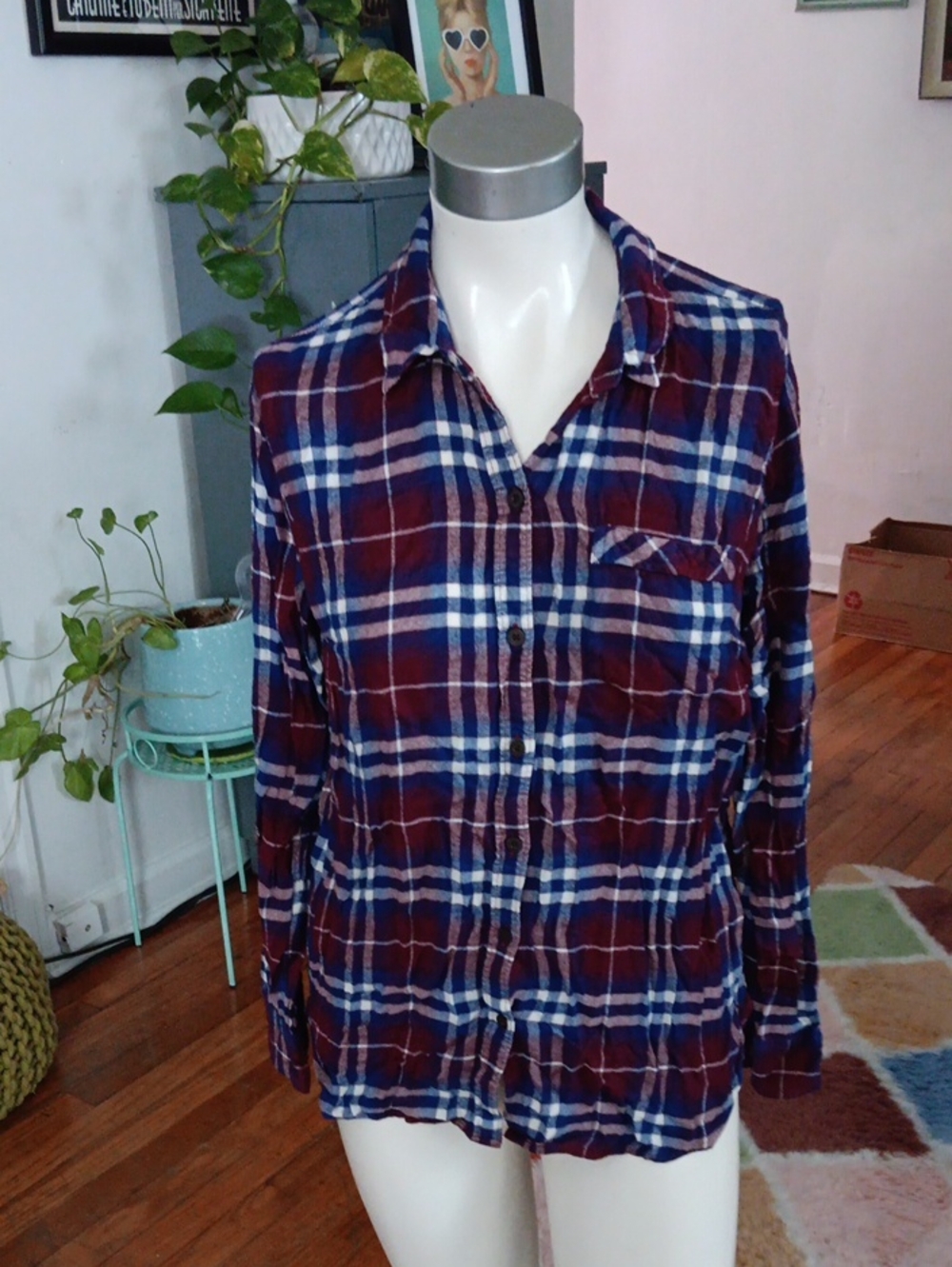 Lucky Brand Wine & Blue Plaid Button Down Top